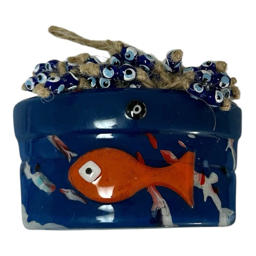 Ceramic Fish Decor with Evil Eye Beads - Blue and Orange